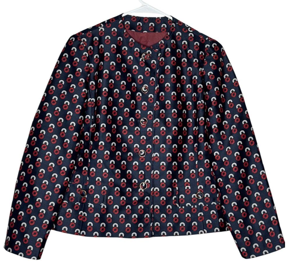 Vintage Navy collarless blazer with red & white print button closing size 10